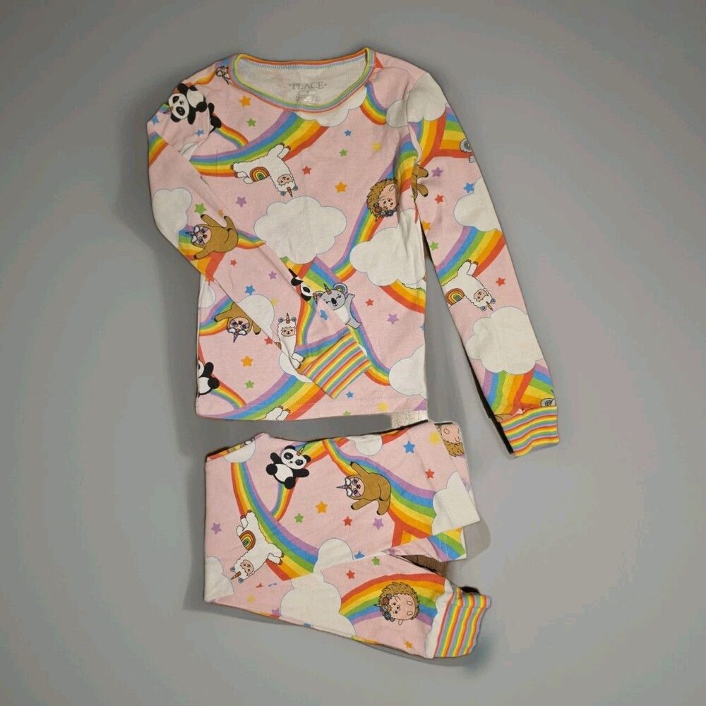 The Children's Place Girls Size 5 Rainbow Unicorn Llama Panda Pajama Set 2 Pc - Picture 1 of 2